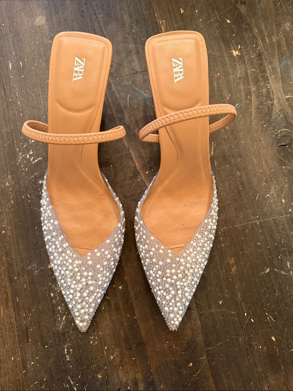 Zara Pearl-Embellished Pointed Slingback Heels - Beige - Picture 2 of 4
